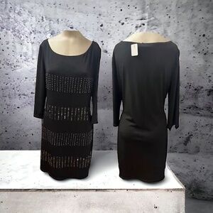 White-Black, Woman,Formal Dress,Black,Sz L,Long Sleeve,embroidered sequin,Midi.!